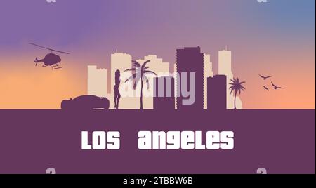 Skyline di Los Angeles. California City Landscape. Spiaggia di Malibu, grattacieli, edifici. Grafica della silhouette USA. Vibrazioni americane. Sunset Boulevard. Illustrazione Vettoriale