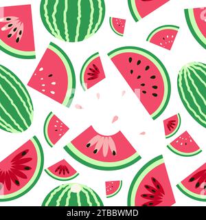 Modello vettoriale senza cuciture di frutti interi e fette di anguria su sfondo bianco - design piatto Illustrazione Vettoriale