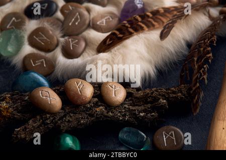 rune in pietra fatte a mano su pelliccia bianca Foto Stock