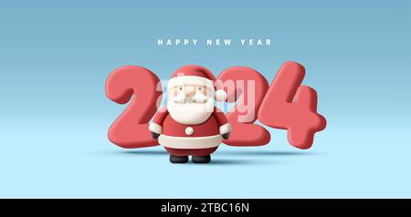 Numero felice anno nuovo 2024 con rendering 3d Babbo Natale invece di zero, moderno e realistico messaggio di saluto, cartolina o banner con personaggio cartoni animati, iso Illustrazione Vettoriale