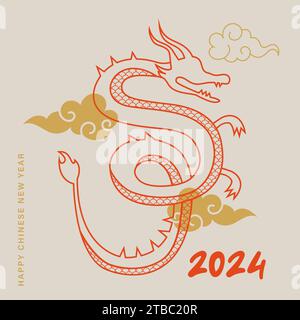 Illustrazione tradizionale del drago, Lunar, Capodanno cinese 2024 , anno del drago. Stile geometrico moderno. Illustrazioni vettoriali Illustrazione Vettoriale