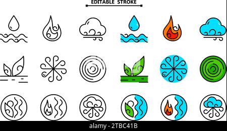 Elementi ayurvedici insieme di icone acqua, fuoco, aria, terra ed etere. Tratto modificabile. Icone ayurvediche vettoriali in stile lineare sottile. Simboli elementi per Illustrazione Vettoriale