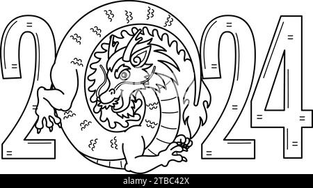 2024 Year of the Dragon Isolated Coloring Page Illustrazione Vettoriale