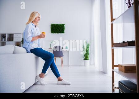 Ritratto fotografico di una bella anziana tazzina da caffè che lavora a distanza, casa indipendente, design degli interni, soggiorno accogliente, arredamento moderno Foto Stock