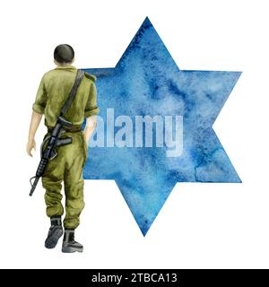 Soldato israeliano con increspature e stella blu di David illustrazione acquerello. Jewish Memorial Day, Yom HaZikaron Foto Stock