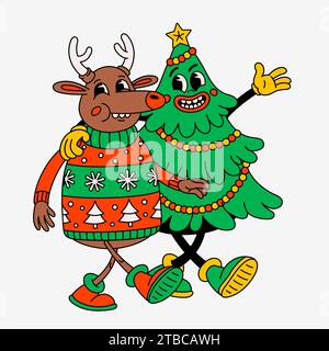 Cartoni animati retrò albero di Natale e cervi Illustrazione Vettoriale