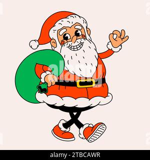 Divertente cartone animato in stile retrò Babbo Natale. Elegante personaggio Babbo Natale anni '70 con una borsa di regali Illustrazione Vettoriale
