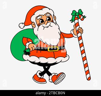 Divertente cartone animato in stile retrò Babbo Natale. Elegante personaggio Babbo Natale anni '70 con borsa di regali e canna da zucchero. Illustrazione Vettoriale