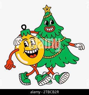 Cartoni animati retrò albero di Natale e palla. Divertente albero di Natale degli anni '60 e personaggi con palla che camminano braccio in braccio. Illustrazione Vettoriale