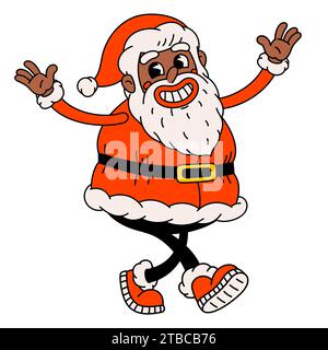Divertente cartone animato in stile retrò Babbo Natale nero. Babbo Natale afro-americano anni '70 Illustrazione Vettoriale