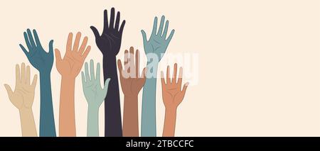 Alzate le mani di gruppo di diverse persone multiculturali.diversità delle persone. Lavoro di squadra comunità o concetto di cooperazione.cultura diversificata.uguaglianza razziale.unità Illustrazione Vettoriale