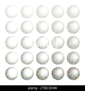 Oggetti rotondi punteggiati, elementi vintage. Gradiente di dissolvenza. Stippling, disegno a puntini, ombreggiatura con punti. Effetto disintegrazione colorata Illustrazione Vettoriale