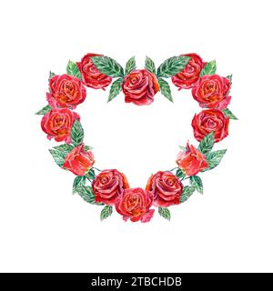 Cornice a forma di cuore in rose rosse. Illustrazione acquerello isolata su sfondo bianco. Biglietti d'auguri, inviti di nozze, San Valentino. Foto Stock