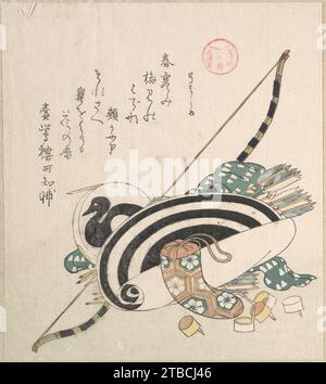 Bow, Arrows, Target, and Other Outfits for Archery, dalla serie ISE Calendars for the Asakusa Group (Asakusa-gawa ISE goyomi)from the Spring Rain Collection (Harusame shu), vol. 2 1929 di Kubo Shunman Foto Stock