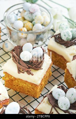 Barrette di carote pasquali decorate con nido di cioccolato e uova di caramelle al cioccolato fiorenti fiori di ciliegia o mela su sfondi rustici di legno chiaro. Foto Stock