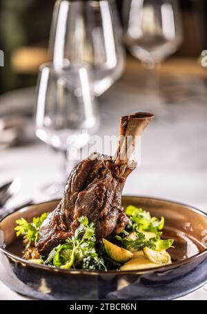 Confit di agnello su purè di patate con cavolo cremoso, salsa demi glace ed erbe nel ristorante dell'hotel. Foto Stock