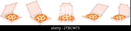 Pizza tradizionale italiana in scatole. Cucina italiana, piatti tradizionali. Illustrazione vettoriale. Illustrazione Vettoriale
