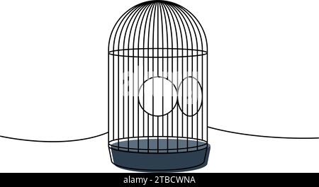 Gabbia per uccelli una linea colorata disegno continuo. Accessori per animali, il giocattolo per animali fornisce un'illustrazione continua a una riga. Illustrazione lineare vettoriale. Illustrazione Vettoriale