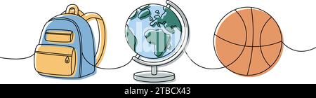 Raccolta di materiale scolastico. Ritorno a scuola una linea colorata disegno continuo. Zaino, borsa per la scuola, palla da basket, illustrazione continua a una riga. Illustrazione Vettoriale