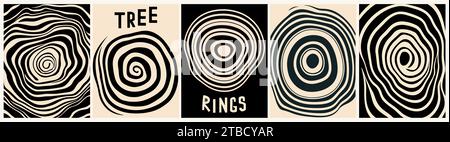 Set di moderni anelli astratti di alberi arte murale. Illustrazione Vettoriale
