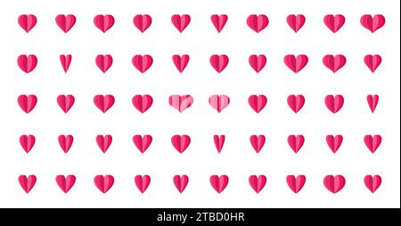 Icone rosa a forma di cuore in carta piegata a strati. Simbolo d'amore per il biglietto d'invito per il matrimonio, San Valentino ringrazia le decorazioni su sfondo bianco Illustrazione Vettoriale