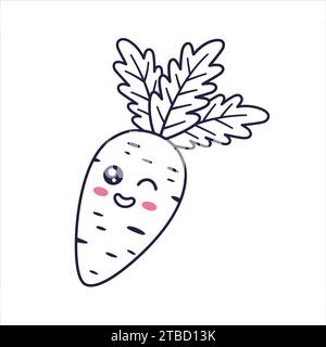 Carina carota Kawaii cartoni animati illustrazioni per bambini. Illustrazione grafica del contorno di alimenti e verdure. Personaggio carota, mascotte in stile Doodle. Libro da colorare per bambini. Illustrazione Vettoriale