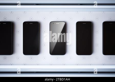 Visualizzazione dall'alto di cinque eleganti smartphone neri allineati sullo scaffale punteggiato Foto Stock