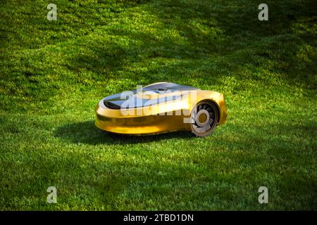 Tosaerba robotica High-Tech Autonomous Gold che opera in un cantiere incontaminato Foto Stock