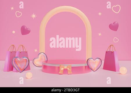 Giorno di San Valentino compleanno della madre. Borse della spesa con cuori in vetro e arco di podio. Rendering 3D. Foto Stock