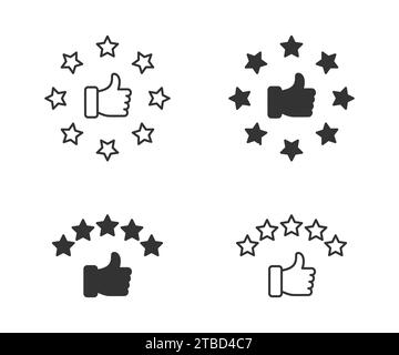 Mano con pollice in alto e icona di valutazione stelle. Valutazione dei clienti con stelle e pollice in alto. Illustrazione vettoriale Illustrazione Vettoriale