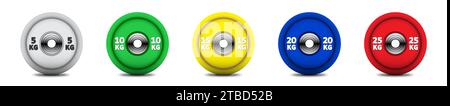 Set di piastre a campana colorate. Piastre per sollevamento pesi o sollevamento pesi. Attrezzature da palestra. Simbolo sport. Illustrazione del vettore piatto Illustrazione Vettoriale
