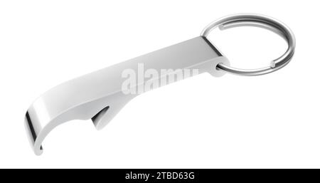 Apribottiglie in metallo sotto forma di portachiavi con anello a fessura in acciaio attaccato primo piano isolato su sfondo bianco. Apribottiglie o apriscatole in alluminio. R Illustrazione Vettoriale