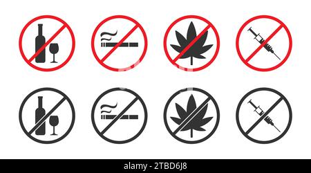 Serie di segnali di divieto. Nessun segno di alcolismo. Simbolo di divieto di alcol. Illustrazione vettoriale Illustrazione Vettoriale