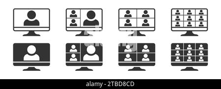 Set di icone per videoconferenze. Icona lavoro in linea. Persone sullo schermo del computer. Illustrazione vettoriale Illustrazione Vettoriale