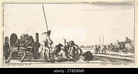 Tavola 9: Un carro che trasporta un cannone a sinistra, soldati al centro giocano a carte, da "truppe, cannoni e attacchi alle città" (Dessins de quelques conduites de troupes, canons, et ataques de villes) 2012 di Stefano della bella Foto Stock