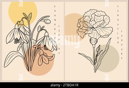 Gennaio: Fiore natale Snowdrop, arte murale del garofano Illustrazione Vettoriale
