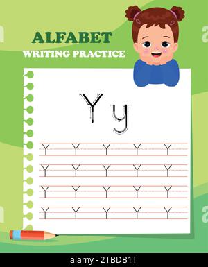 Foglio di lavoro per il ricalco delle lettere alfabetiche con tutte le lettere alfabetiche. Pratica di scrittura di base per bambini all'asilo Illustrazione Vettoriale