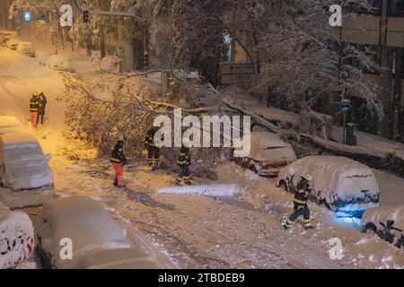 L'albero spazzato via da un pesante carico di neve, i vigili del fuoco sgomberano la strada, Monaco Foto Stock