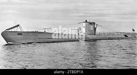 SOTTOMARINO TEDESCO U-25 NEL 1936. Il numero della torre di ingannamento fu rimosso durante la guerra. Fu affondata da una mina britannica nel Mare del Nord il 2 agosto 1940. Foto Stock
