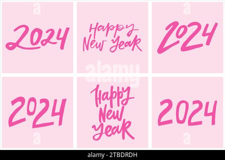 Serie di citazioni scritte a mano sul nuovo anno 2024. Raccolta di illustrazioni calligrafiche per poster, schede, ecc. Illustrazione Vettoriale