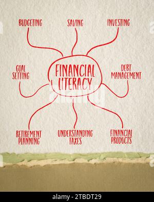 infografiche sull'alfabetizzazione finanziaria o schizzi di mappe mentali su carta d'arte - concetto di finanza personale e formazione Foto Stock