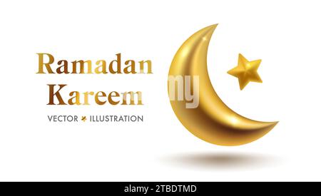 Banner vettoriale per le vacanze Ramadan Kareem con luna d'oro in realistico stile 3D. Celebra il mese Santo del Ramadhan nell'Islam. Sfondo sfondo vettore Illustrazione Vettoriale