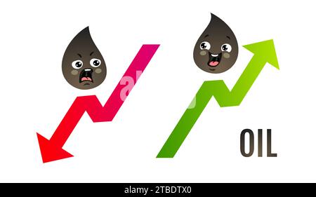 Illustrazione vettoriale di due gocce d'olio con frecce. Commercio di petrolio. Icone kawaii vettoriali di emoji petrolifere. Freccia su e giù Illustrazione Vettoriale