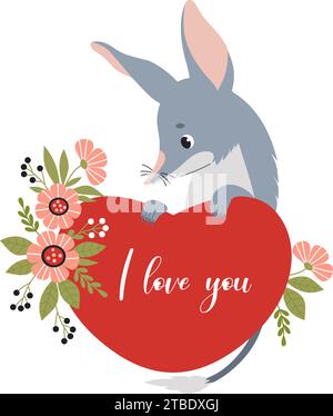 Graziosa bilby con cuore e fiori. Animale australiano. Biglietto d'auguri di San Valentino, ti amo. Illustrazione vettoriale in stile cartone animato piatto. Illustrazione Vettoriale