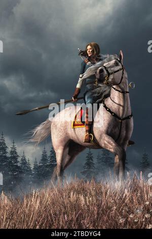 Una ranger umana femminile, un personaggio popolare nei giochi di ruolo fantasy medievali, cavalca un cavallo grigio rosa. Ha una lunga lancia in mano. Foto Stock