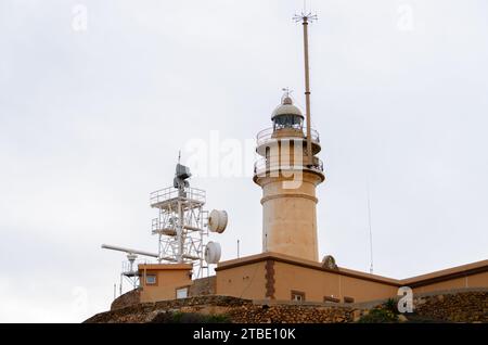 ALMERIA, SPAGNA - 24 GENNAIO 2023 il faro fu costruito sulle rovine del Castello di San Francesco di Paola, che faceva parte di una batteria di difesa navale che Foto Stock