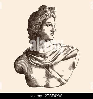 Busto dell'antico dio greco e romano Apollo. Illustrazione vettoriale in stile incisione. Illustrazione Vettoriale