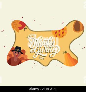 Lettering isolato con cibo di stagione e tacchino felice giorno del Ringraziamento Vector Illustrazione Vettoriale