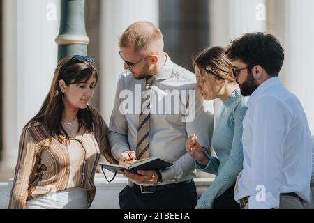 I giovani professionisti delle imprese discutono delle tendenze di mercato e delle strategie di investimento. Foto Stock