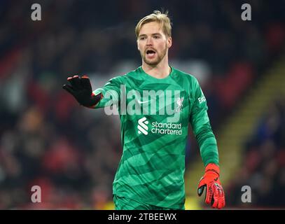 Il portiere del Liverpool Caoimhin Kelleher durante la partita di Premier League a Bramall Lane, Sheffield. Data foto: Mercoledì 6 dicembre 2023. Foto Stock